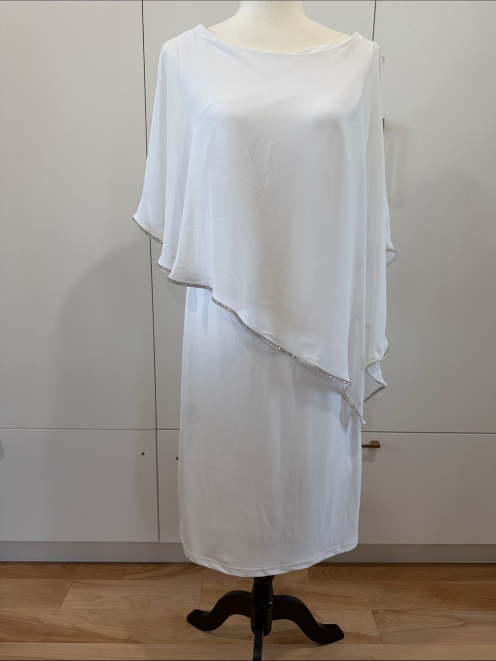 Joseph Ribkoff White Asymmetrical Overlay Dress with Silver Trim